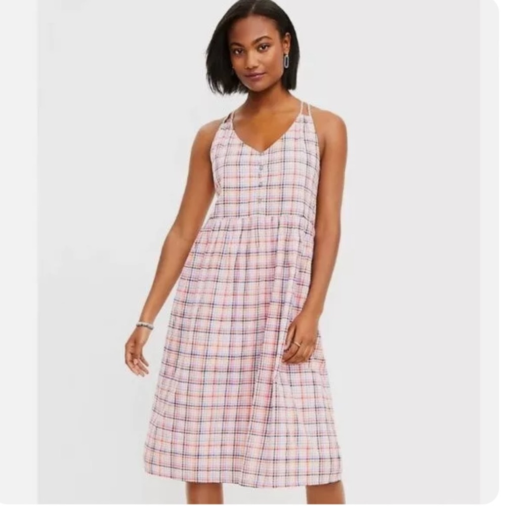 LOFT Pink Plaid Gingham Strappy Sleeveless Button Front Flowy Midi Dress Size 4